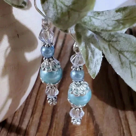 Light Blue Glass Pearl Sterling Silver Plated Handcrafted Dangle Earrings - Picture 3 of 11